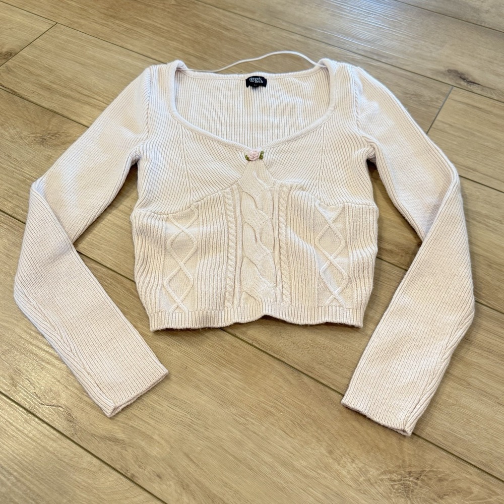 Beverly & Beck PacSun Cropped Sweater Pink Rosette Coquette Cable Knit Size M